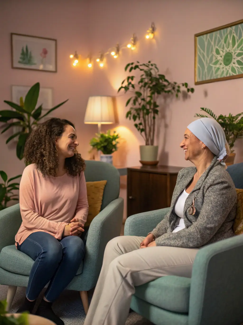 An image depicting a supportive consultation between an egg donor and a recipient in a warm clinic environment, symbolizing hope and connection.