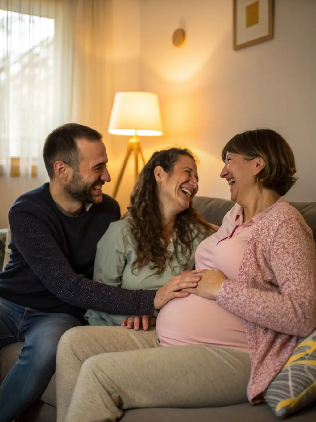 A heartwarming image of a surrogate mother and intended parents celebrating together, capturing the joy of a successful surrogacy journey.