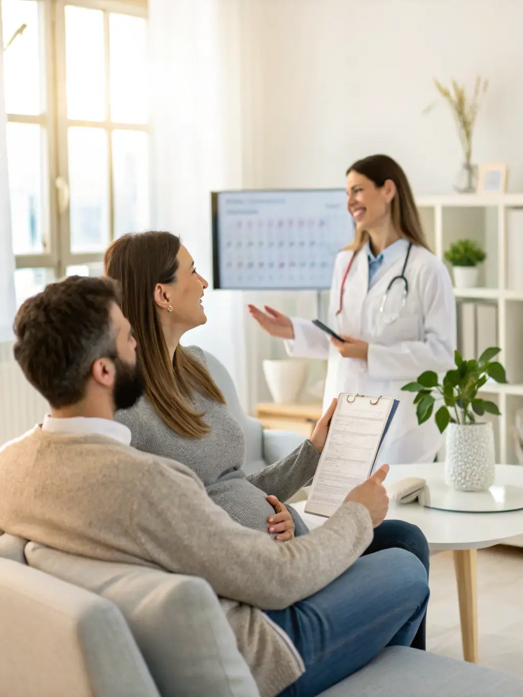 A serene image of a couple consulting with a fertility specialist in a modern clinic setting, discussing IVF options with hopeful expressions.